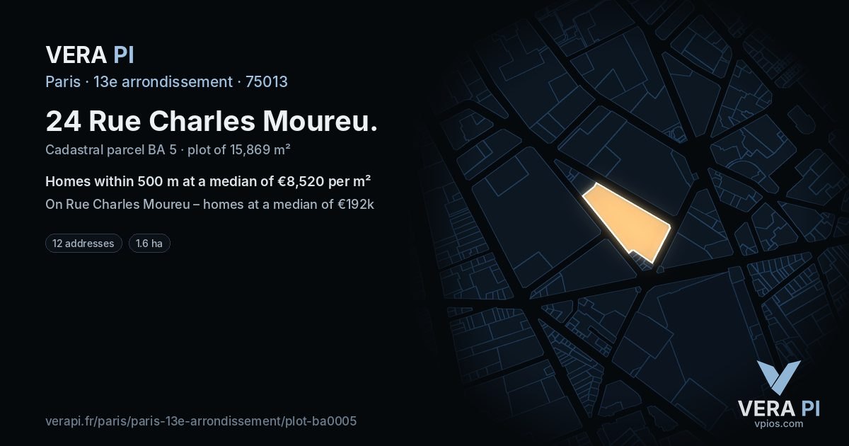 24 Rue Charles Moureu, 13e arrondissement at night – the plot lit, the parcels around coloured by the prices near them