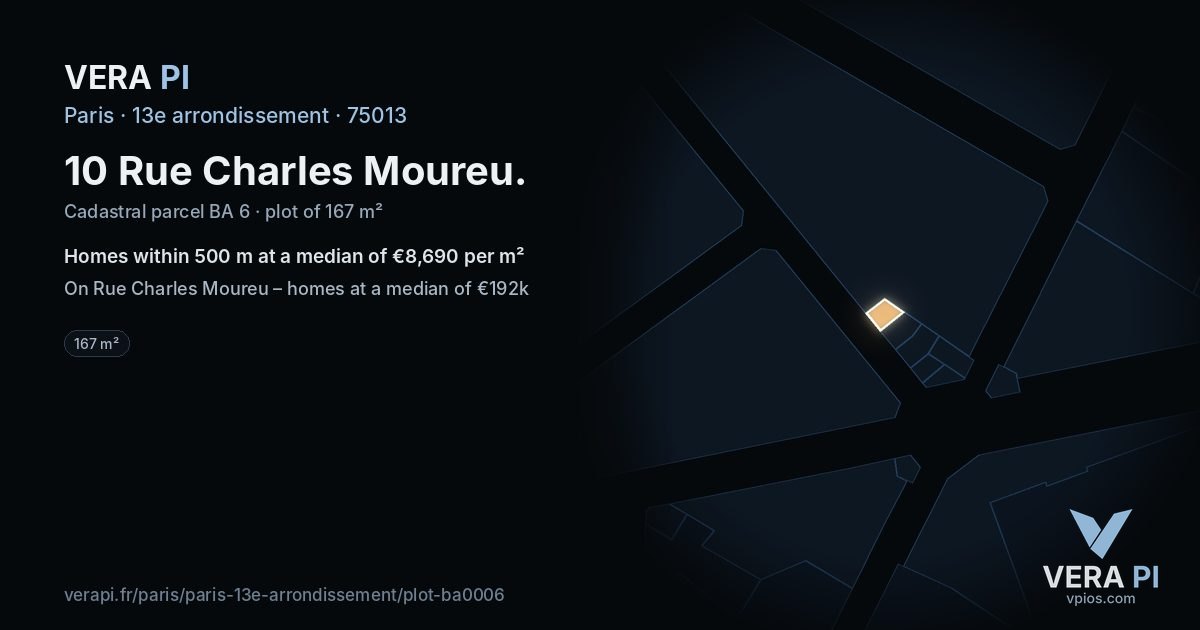 10 Rue Charles Moureu, 13e arrondissement at night – the plot lit, the parcels around coloured by the prices near them