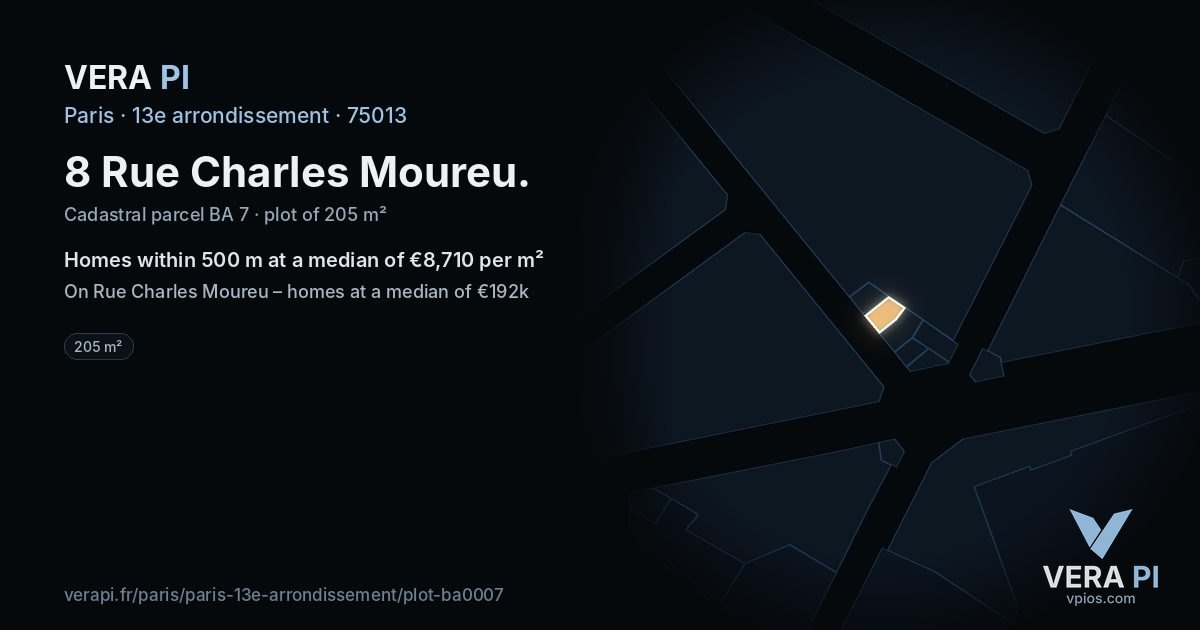 8 Rue Charles Moureu, 13e arrondissement at night – the plot lit, the parcels around coloured by the prices near them