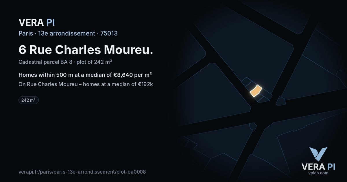 6 Rue Charles Moureu, 13e arrondissement at night – the plot lit, the parcels around coloured by the prices near them