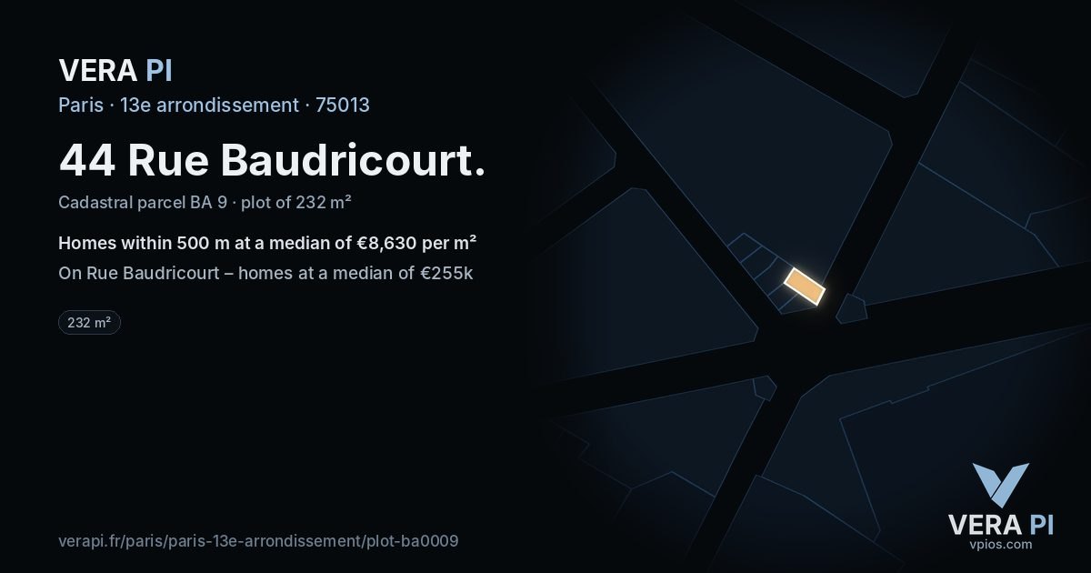 44 Rue Baudricourt, 13e arrondissement at night – the plot lit, the parcels around coloured by the prices near them
