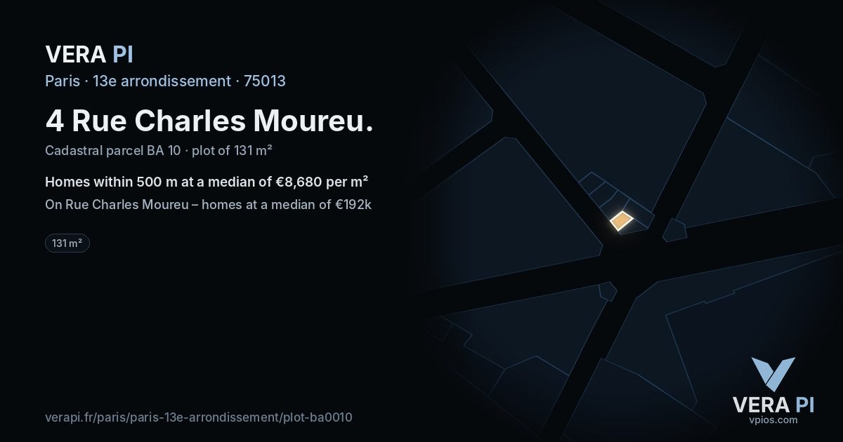 4 Rue Charles Moureu, 13e arrondissement at night – the plot lit, the parcels around coloured by the prices near them