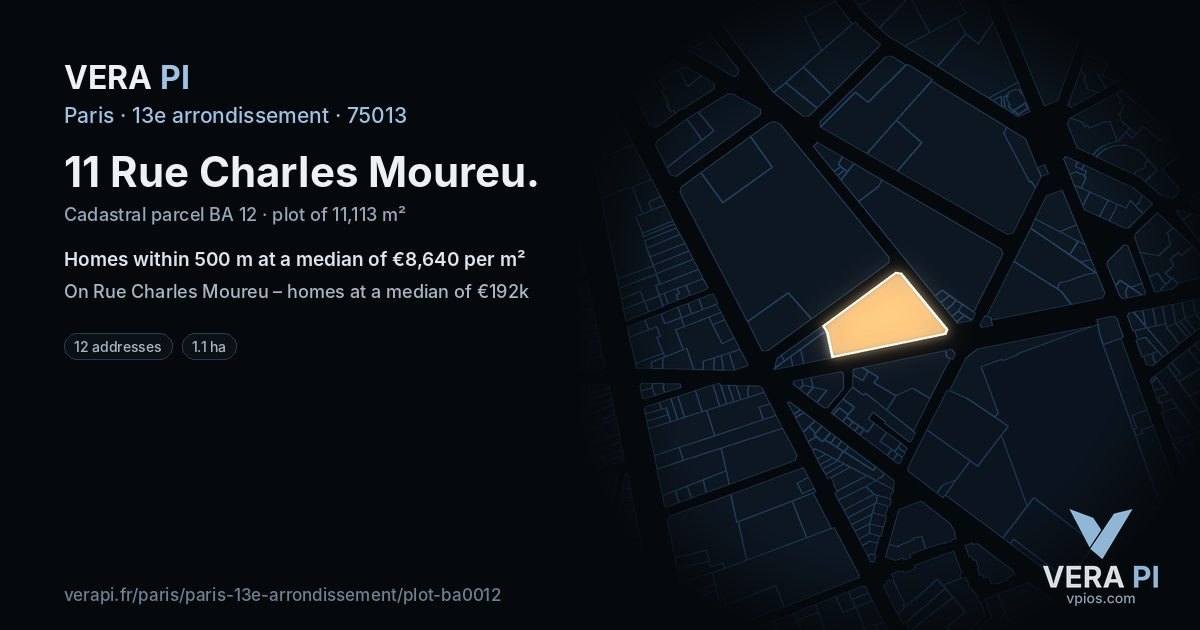 11 Rue Charles Moureu, 13e arrondissement at night – the plot lit, the parcels around coloured by the prices near them