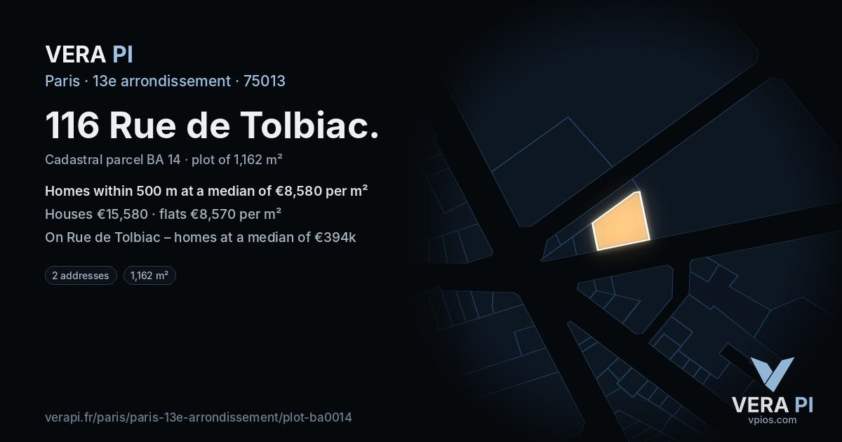 116 Rue de Tolbiac, 13e arrondissement at night – the plot lit, the parcels around coloured by the prices near them
