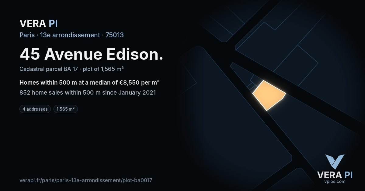 45 Avenue Edison, 13e arrondissement at night – the plot lit, the parcels around coloured by the prices near them