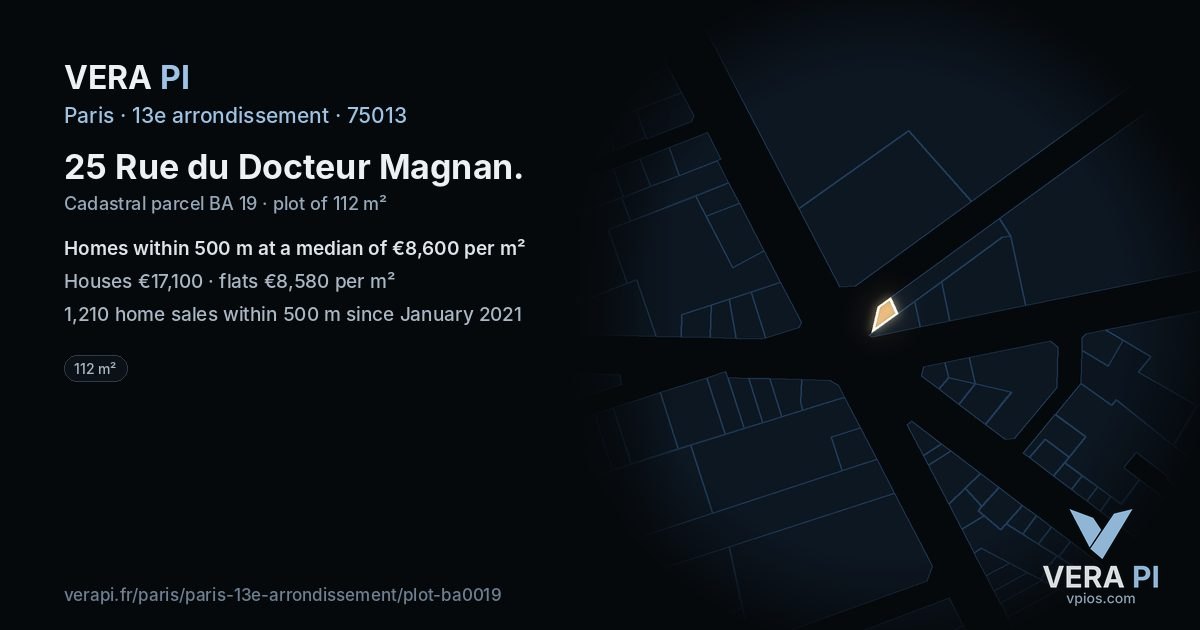 25 Rue du Docteur Magnan, 13e arrondissement at night – the plot lit, the parcels around coloured by the prices near them