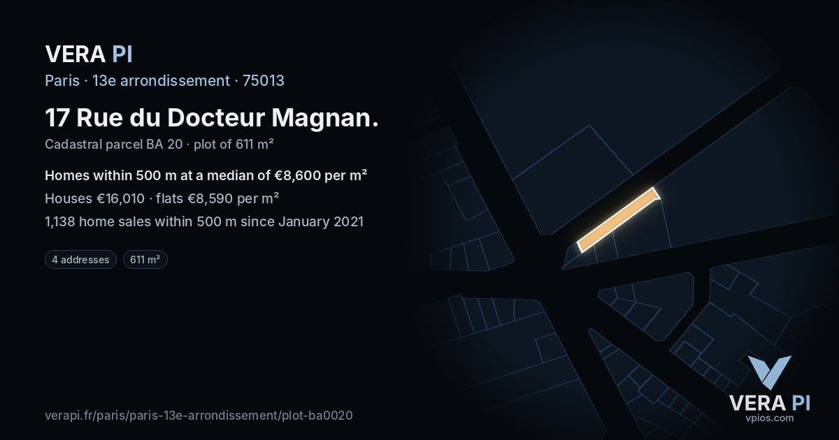 17 Rue du Docteur Magnan, 13e arrondissement at night – the plot lit, the parcels around coloured by the prices near them