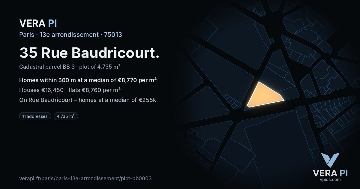 35 Rue Baudricourt, 13e arrondissement at night – the plot lit, the parcels around coloured by the prices near them