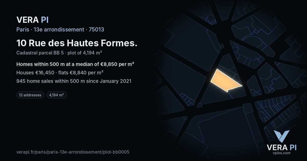 10 Rue des Hautes Formes, 13e arrondissement at night – the plot lit, the parcels around coloured by the prices near them