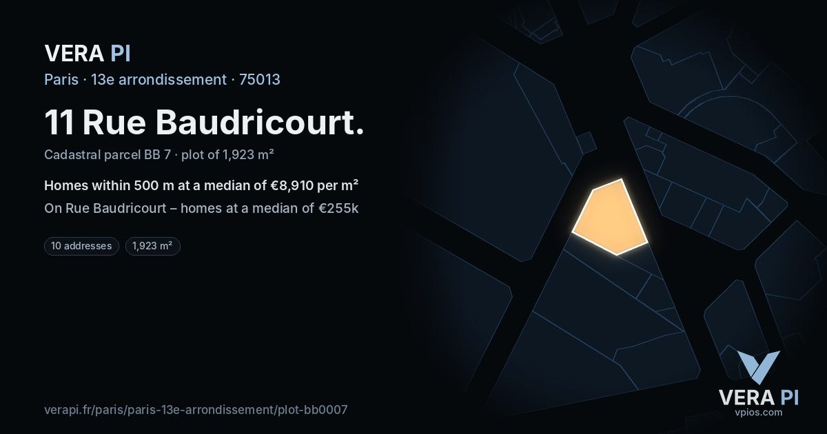 11 Rue Baudricourt, 13e arrondissement at night – the plot lit, the parcels around coloured by the prices near them
