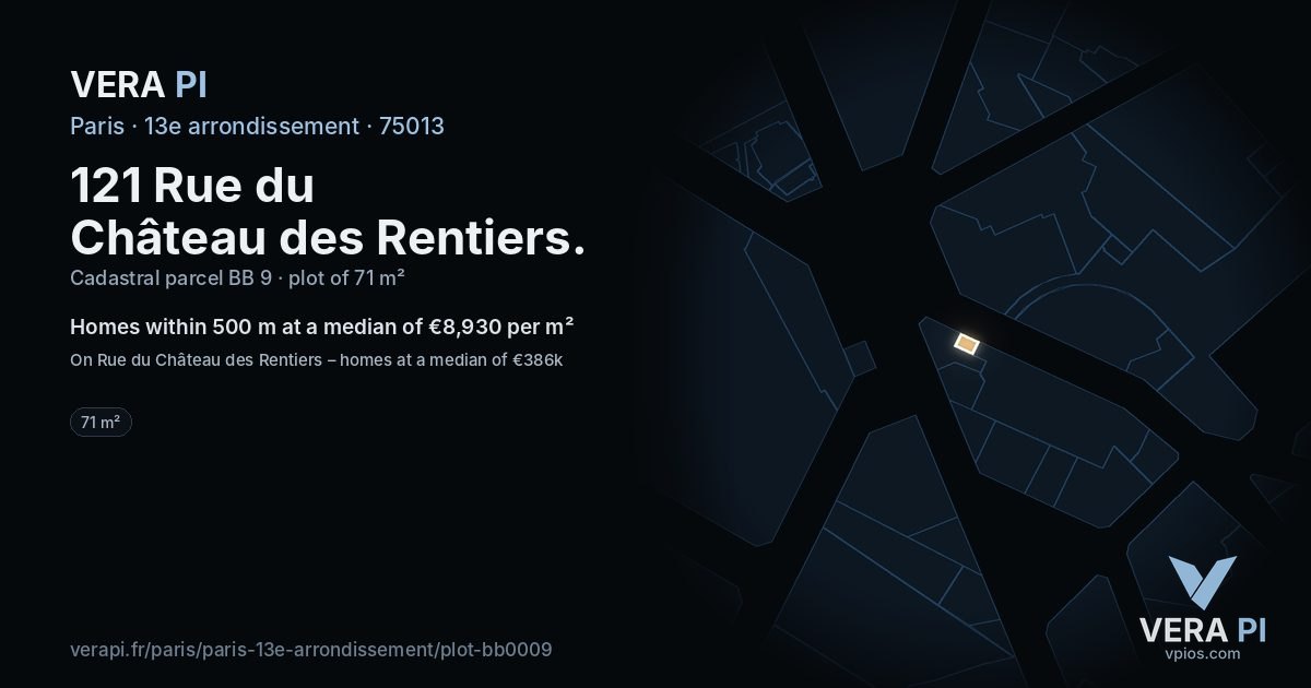 121 Rue du Château des Rentiers, 13e arrondissement at night – the plot lit, the parcels around coloured by the prices near them
