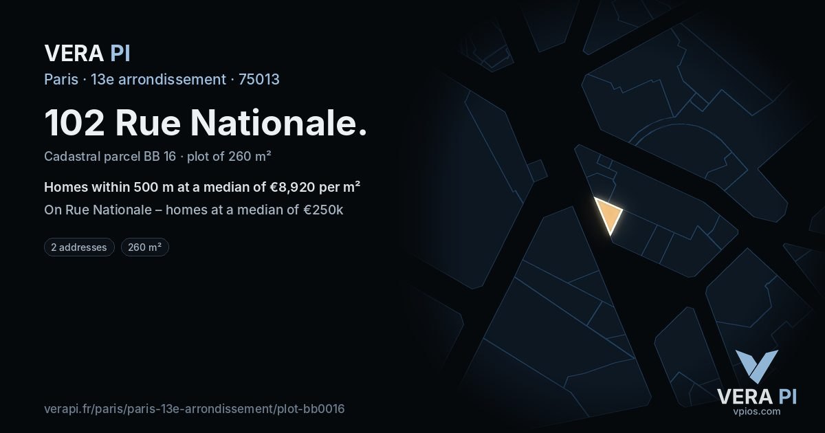 102 Rue Nationale, 13e arrondissement at night – the plot lit, the parcels around coloured by the prices near them