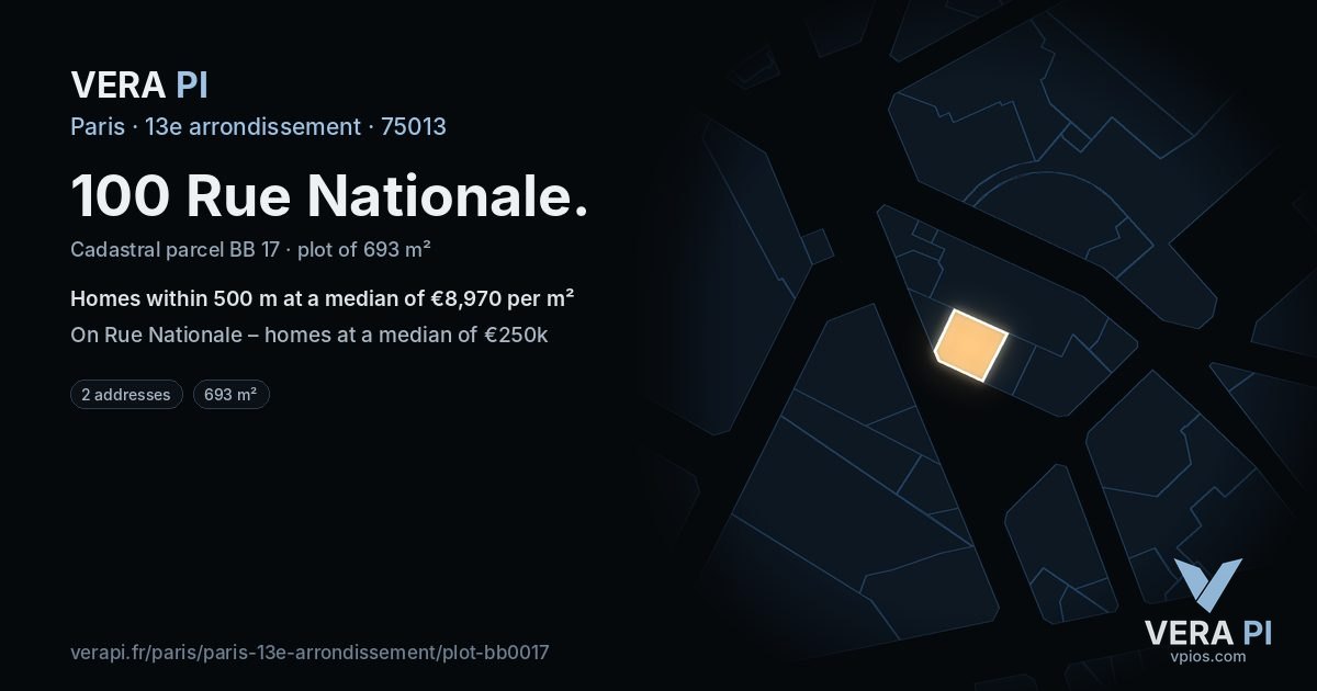 100 Rue Nationale, 13e arrondissement at night – the plot lit, the parcels around coloured by the prices near them