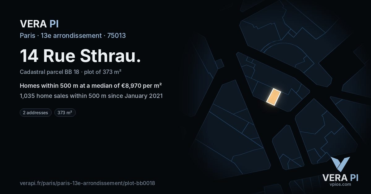 14 Rue Sthrau, 13e arrondissement at night – the plot lit, the parcels around coloured by the prices near them