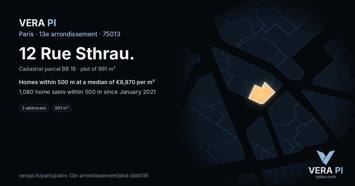 12 Rue Sthrau, 13e arrondissement at night – the plot lit, the parcels around coloured by the prices near them