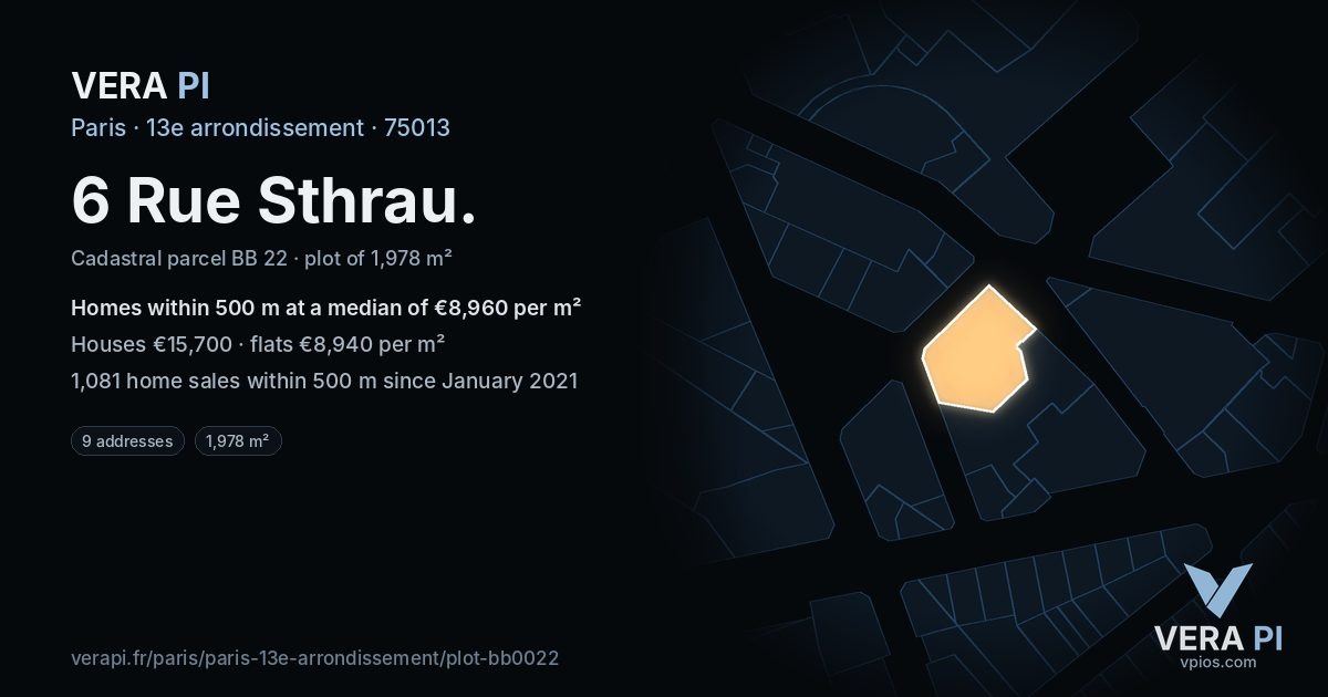 6 Rue Sthrau, 13e arrondissement at night – the plot lit, the parcels around coloured by the prices near them