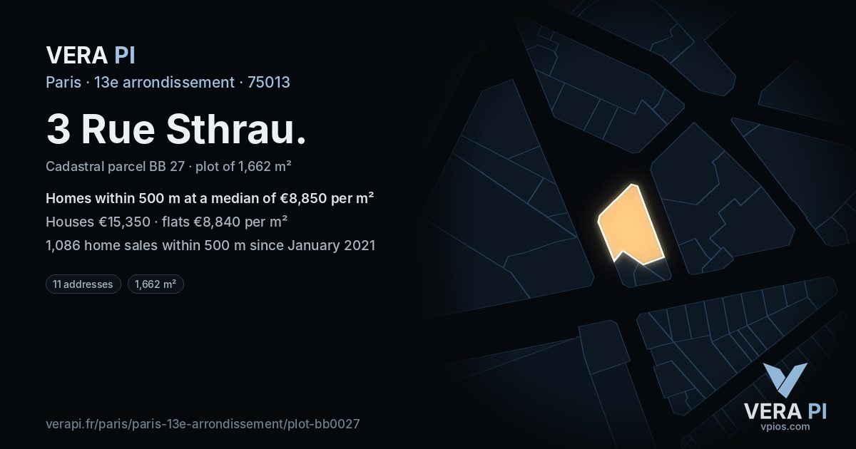 3 Rue Sthrau, 13e arrondissement at night – the plot lit, the parcels around coloured by the prices near them