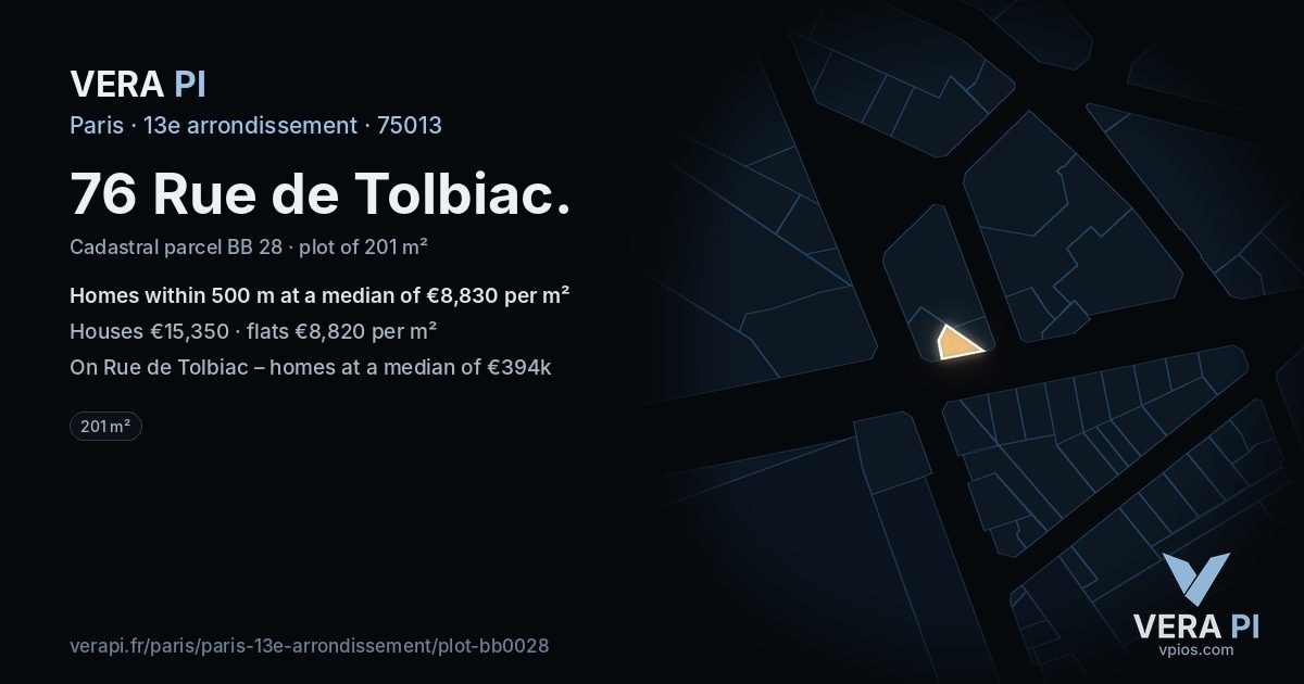76 Rue de Tolbiac, 13e arrondissement at night – the plot lit, the parcels around coloured by the prices near them