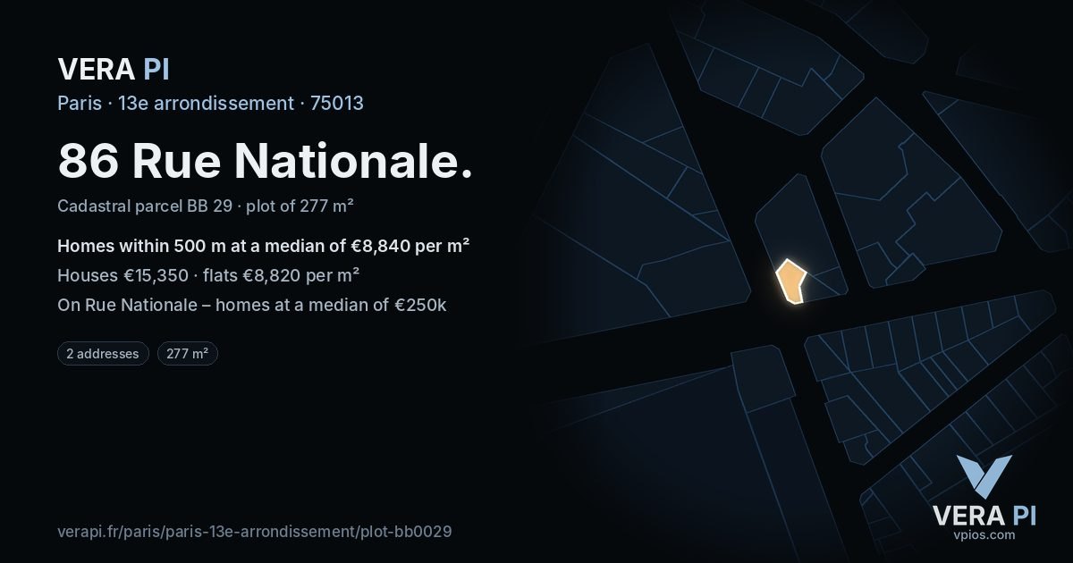 86 Rue Nationale, 13e arrondissement at night – the plot lit, the parcels around coloured by the prices near them