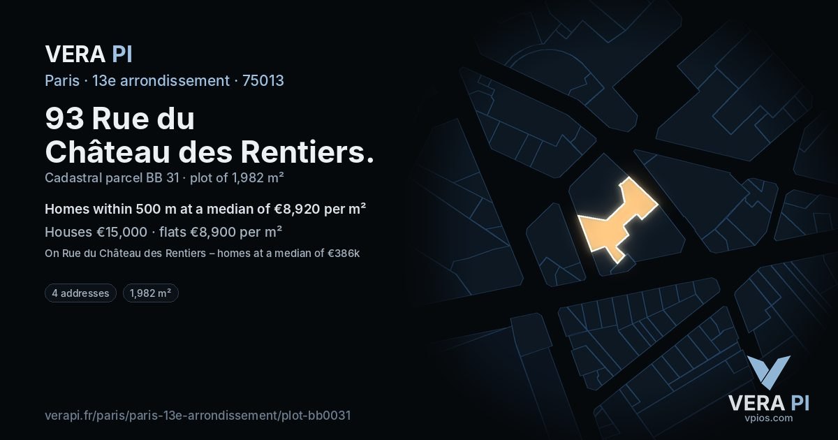 93 Rue du Château des Rentiers, 13e arrondissement at night – the plot lit, the parcels around coloured by the prices near them