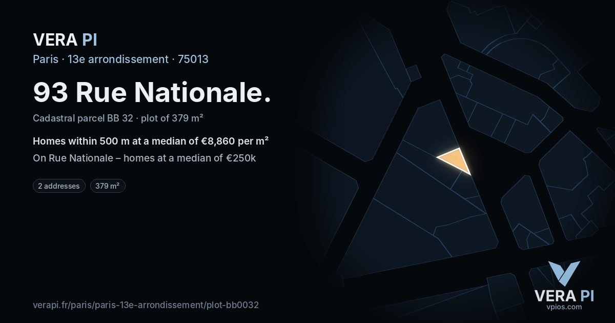 93 Rue Nationale, 13e arrondissement at night – the plot lit, the parcels around coloured by the prices near them