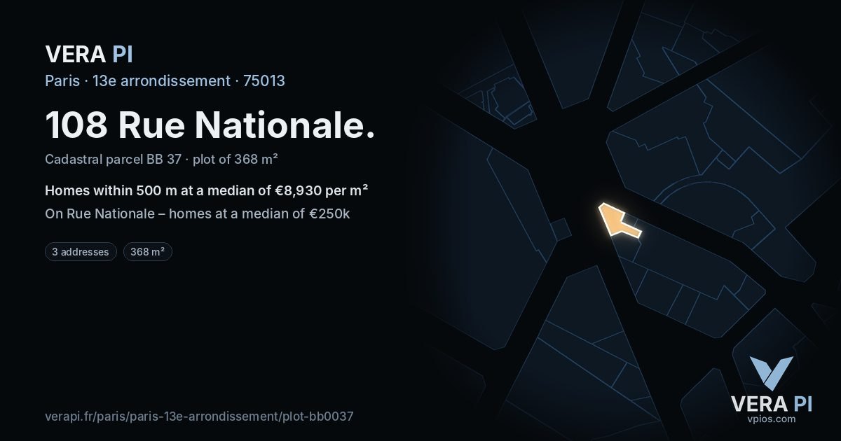 108 Rue Nationale, 13e arrondissement at night – the plot lit, the parcels around coloured by the prices near them