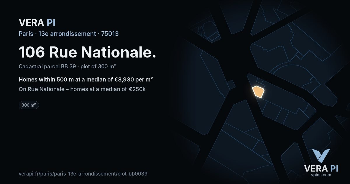 106 Rue Nationale, 13e arrondissement at night – the plot lit, the parcels around coloured by the prices near them