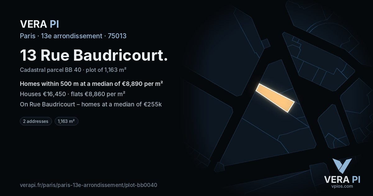 13 Rue Baudricourt, 13e arrondissement at night – the plot lit, the parcels around coloured by the prices near them