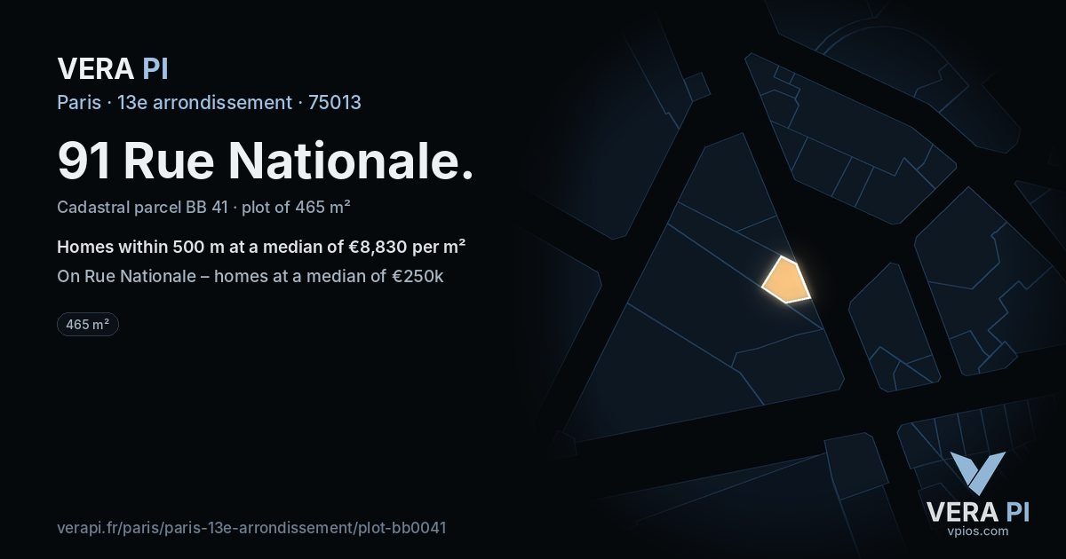 91 Rue Nationale, 13e arrondissement at night – the plot lit, the parcels around coloured by the prices near them