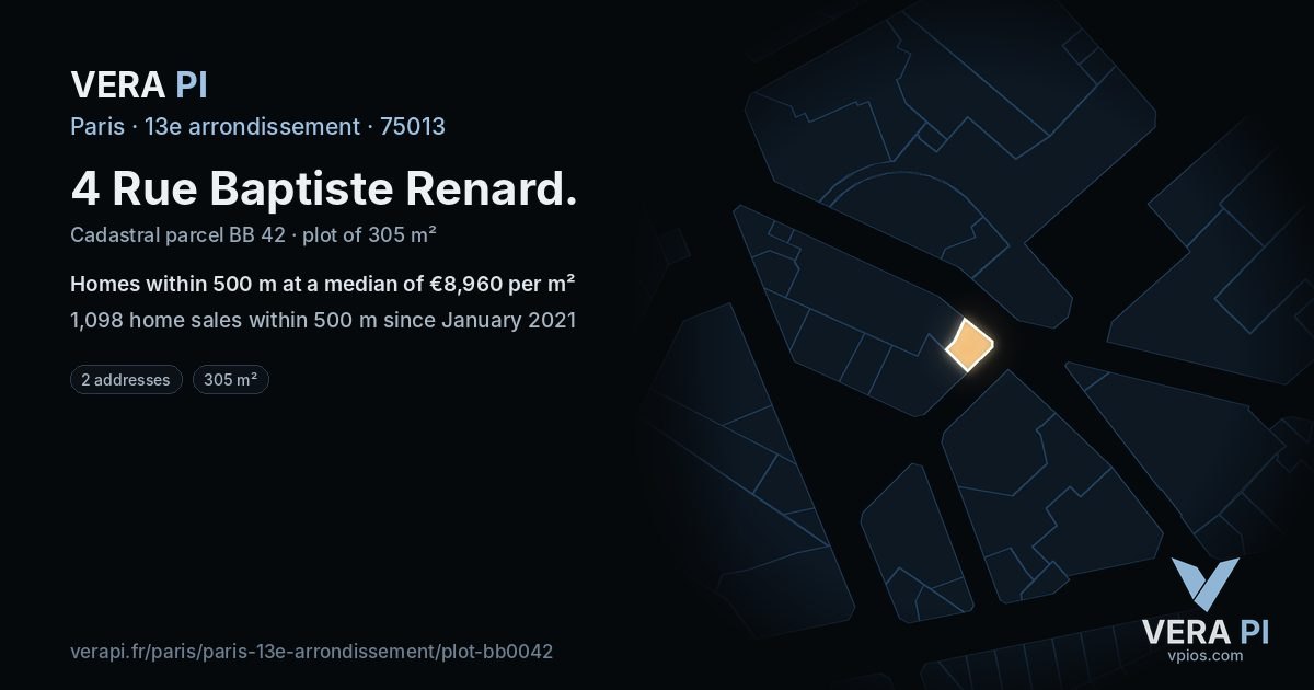4 Rue Baptiste Renard, 13e arrondissement at night – the plot lit, the parcels around coloured by the prices near them