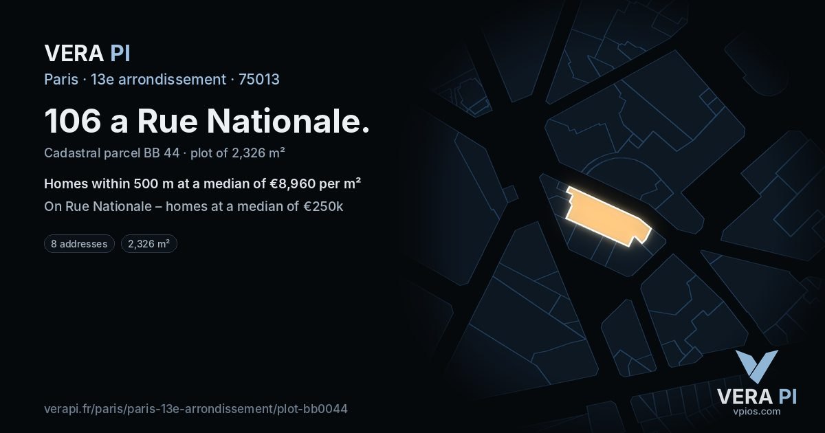 106 a Rue Nationale, 13e arrondissement at night – the plot lit, the parcels around coloured by the prices near them