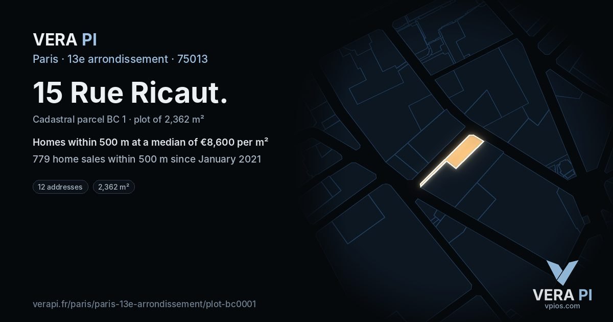 15 Rue Ricaut, 13e arrondissement at night – the plot lit, the parcels around coloured by the prices near them