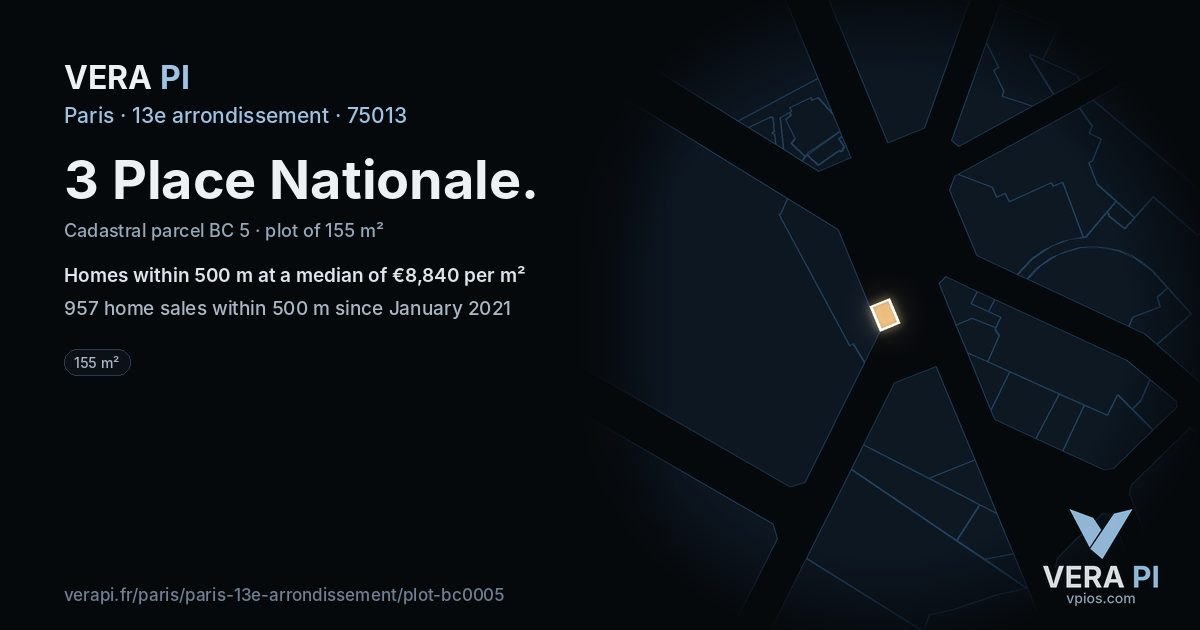3 Place Nationale, 13e arrondissement at night – the plot lit, the parcels around coloured by the prices near them