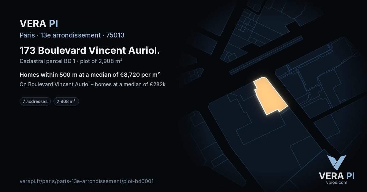 173 Boulevard Vincent Auriol, 13e arrondissement at night – the plot lit, the parcels around coloured by the prices near them