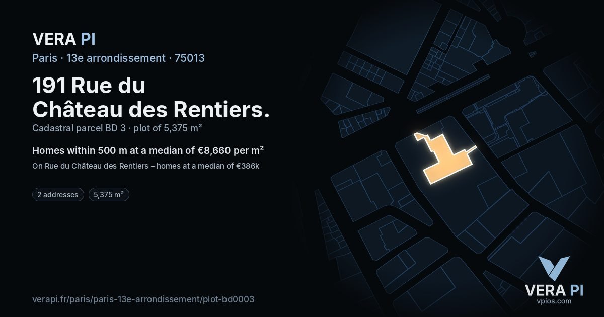 191 Rue du Château des Rentiers, 13e arrondissement at night – the plot lit, the parcels around coloured by the prices near them