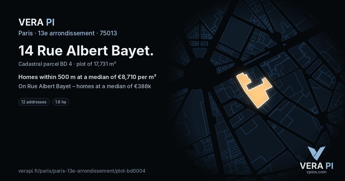 14 Rue Albert Bayet, 13e arrondissement at night – the plot lit, the parcels around coloured by the prices near them