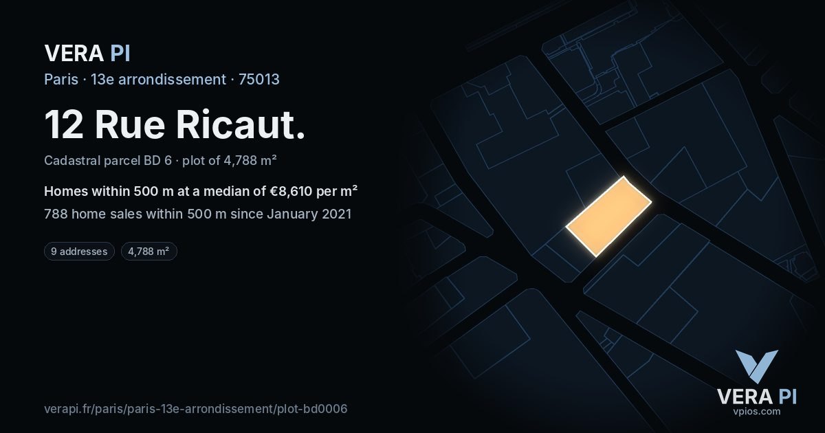12 Rue Ricaut, 13e arrondissement at night – the plot lit, the parcels around coloured by the prices near them