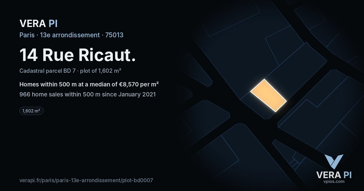14 Rue Ricaut, 13e arrondissement at night – the plot lit, the parcels around coloured by the prices near them