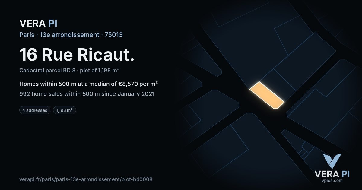 16 Rue Ricaut, 13e arrondissement at night – the plot lit, the parcels around coloured by the prices near them