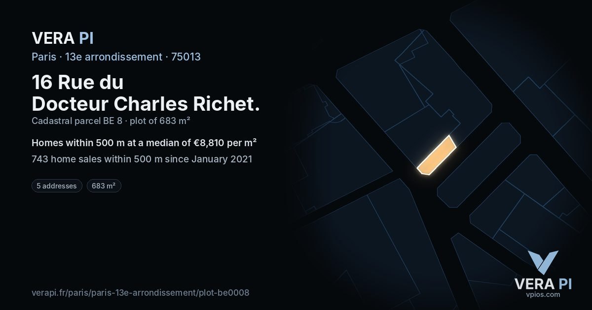 16 Rue du Docteur Charles Richet, 13e arrondissement at night – the plot lit, the parcels around coloured by the prices near them