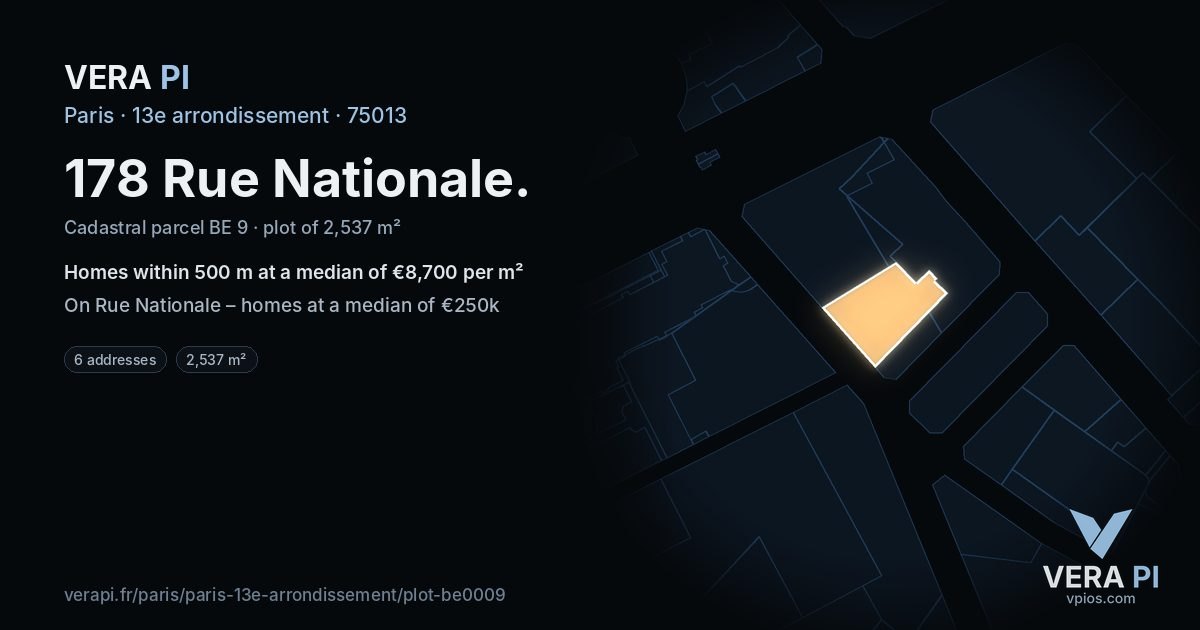 178 Rue Nationale, 13e arrondissement at night – the plot lit, the parcels around coloured by the prices near them