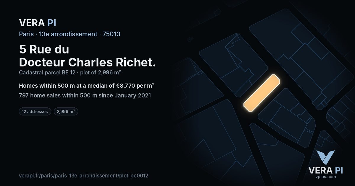 5 Rue du Docteur Charles Richet, 13e arrondissement at night – the plot lit, the parcels around coloured by the prices near them