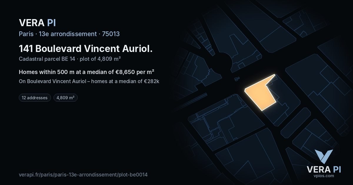 141 Boulevard Vincent Auriol, 13e arrondissement at night – the plot lit, the parcels around coloured by the prices near them