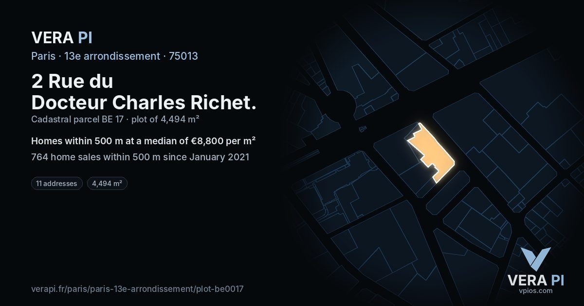 2 Rue du Docteur Charles Richet, 13e arrondissement at night – the plot lit, the parcels around coloured by the prices near them