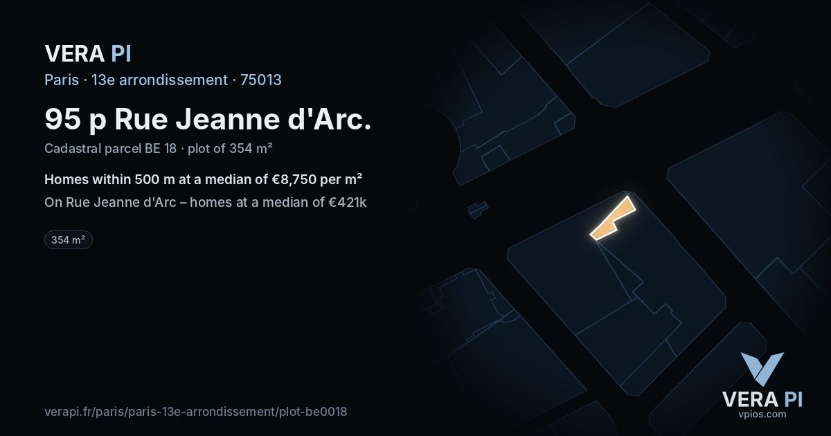 95 p Rue Jeanne d'Arc, 13e arrondissement at night – the plot lit, the parcels around coloured by the prices near them