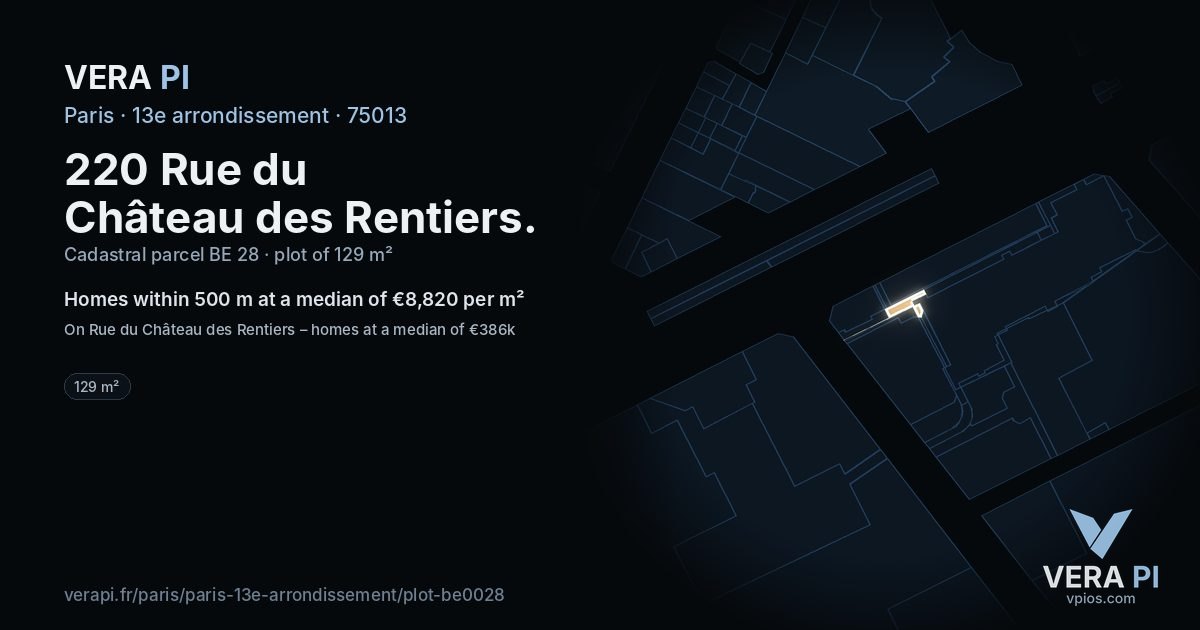 220 Rue du Château des Rentiers, 13e arrondissement at night – the plot lit, the parcels around coloured by the prices near them