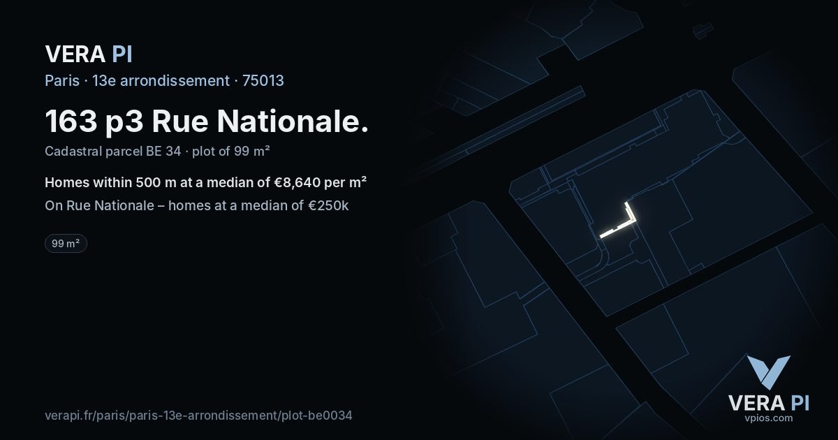 163 p3 Rue Nationale, 13e arrondissement at night – the plot lit, the parcels around coloured by the prices near them