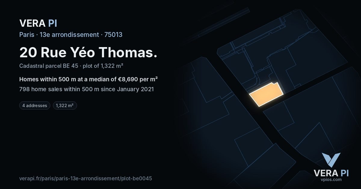 20 Rue Yéo Thomas, 13e arrondissement at night – the plot lit, the parcels around coloured by the prices near them