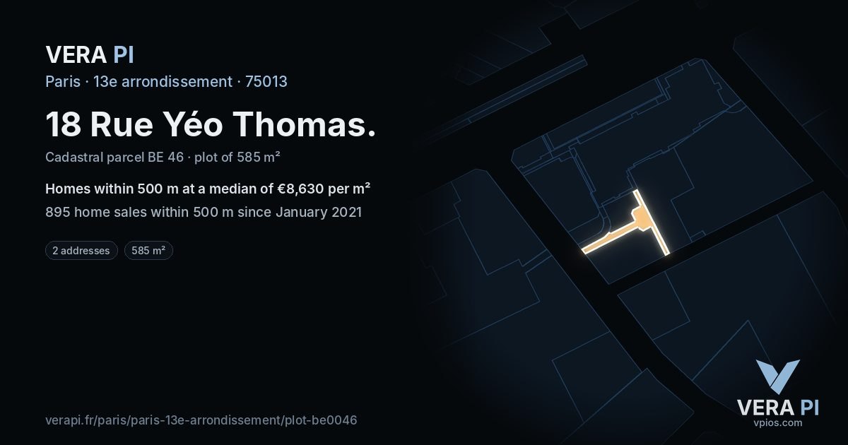 18 Rue Yéo Thomas, 13e arrondissement at night – the plot lit, the parcels around coloured by the prices near them