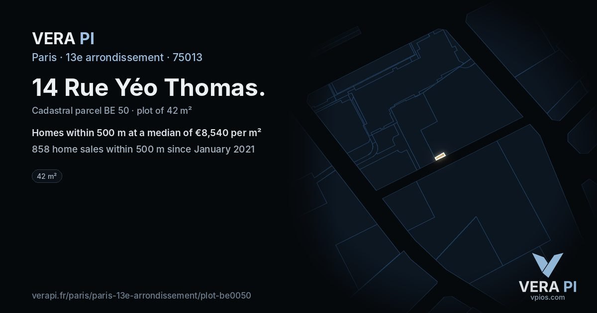 14 Rue Yéo Thomas, 13e arrondissement at night – the plot lit, the parcels around coloured by the prices near them